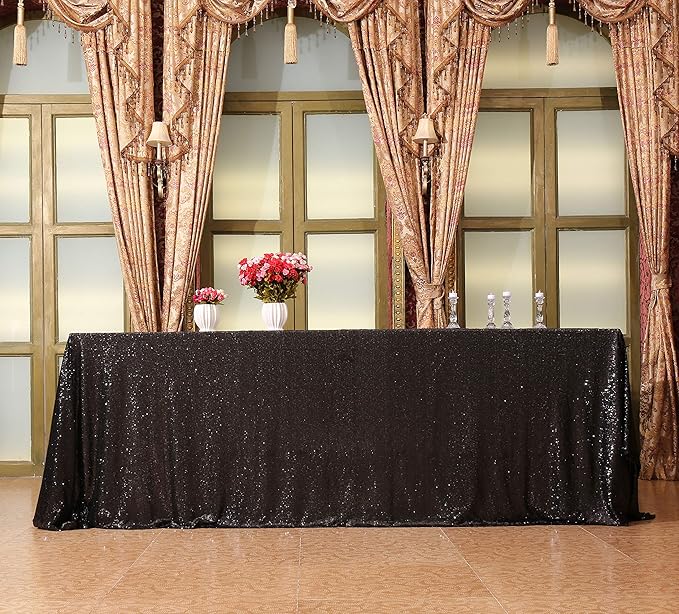 SquarePie Sequin Tablecloth 90 x 132 Inch Black Sparkly Table Linen for Halloween Wedding Party