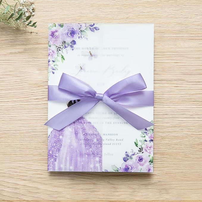 PONATIA 50 PCS Vellum Jackets for 5x7 Invitations - Vellum Paper 5x7 Jackets - 135GSM Purple Girl Flowers Quinceanera Invitation Transparent Wraps (Purple Girl)