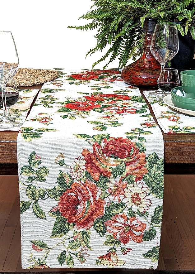 Tache Sweet Roses Spring Summer Traditional Country Vintage White Red Floral Decorative Woven Tapestry Kitchen Coffee Table Runners Scarfs, 13x72
