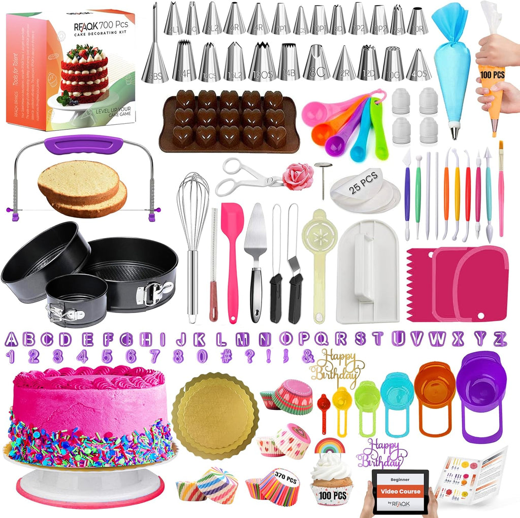 RFAQK 700 PCs Cake Decorating Kit with Baking Supplies Cake Decoration Set including Springform Pans, Cake Turntable, Numbered Piping Tips, Icing Spatulas, Fondant tools & much more (700Pcs)