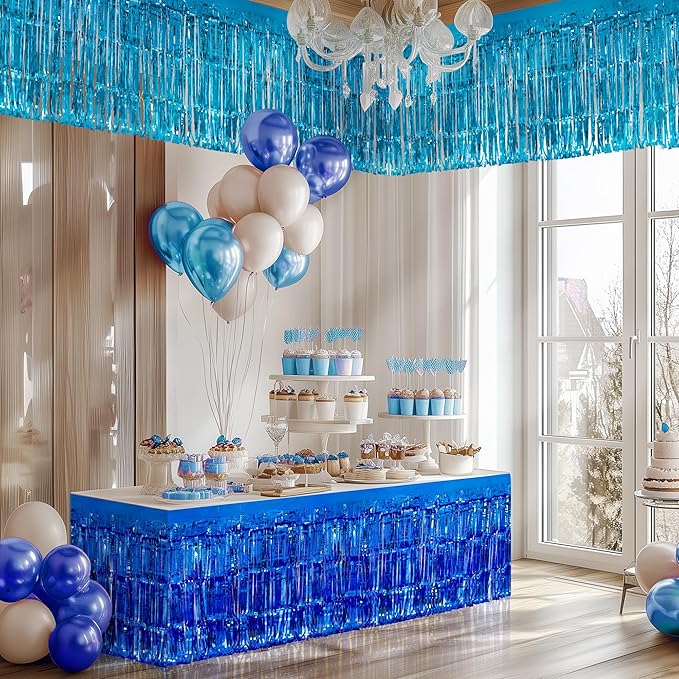 3 Pack Blue Series Table Skirts, 29x108" Metallic Foil Tinsel Fringe Table Skirt for Rectangle Tables Streamer Curtains Backdrop, Party Decorations for Birthdays, Weddings, Holidays