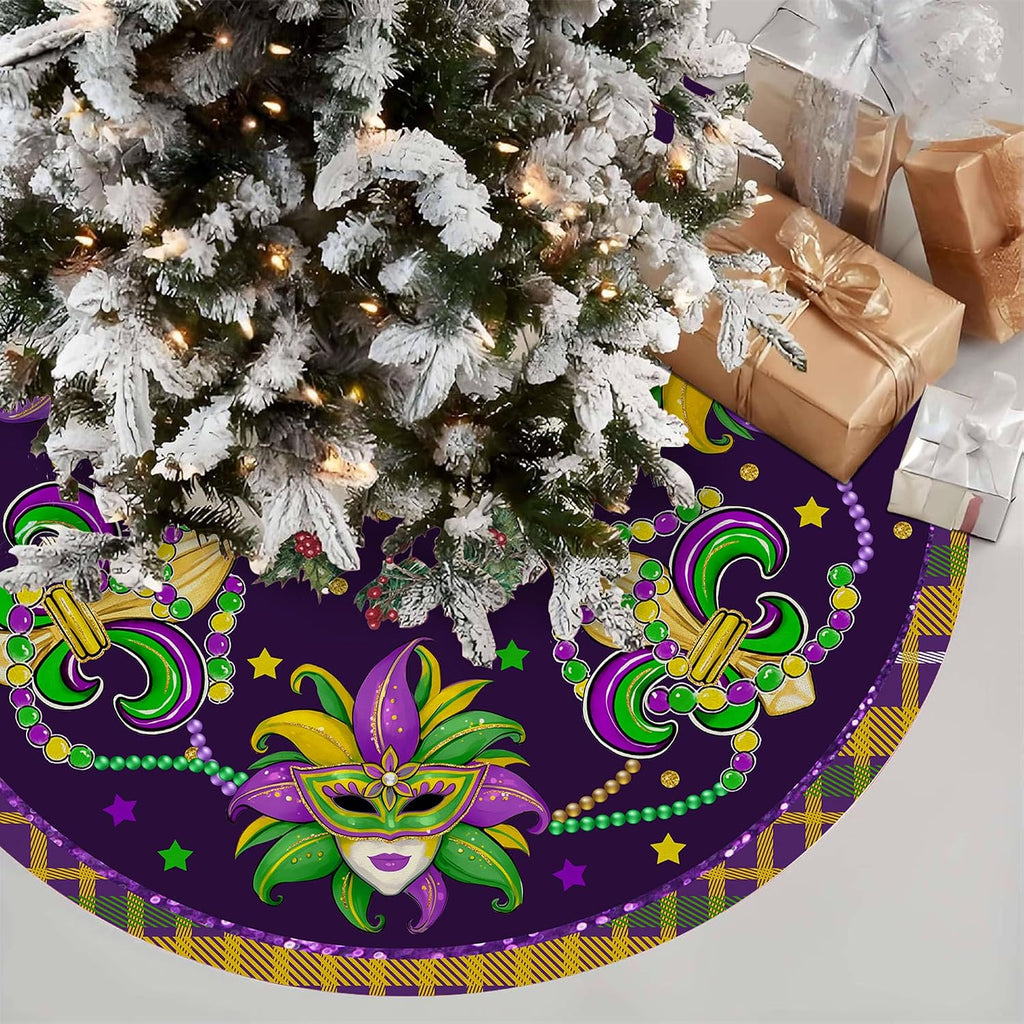 Mardi Gras Tree Skirt 36in - Mardi Gras Christmas Tree Decor Ornament for Mask Beads Feather Purple Carnival Christmas Trees Mat Decorations for Home Holiday Party