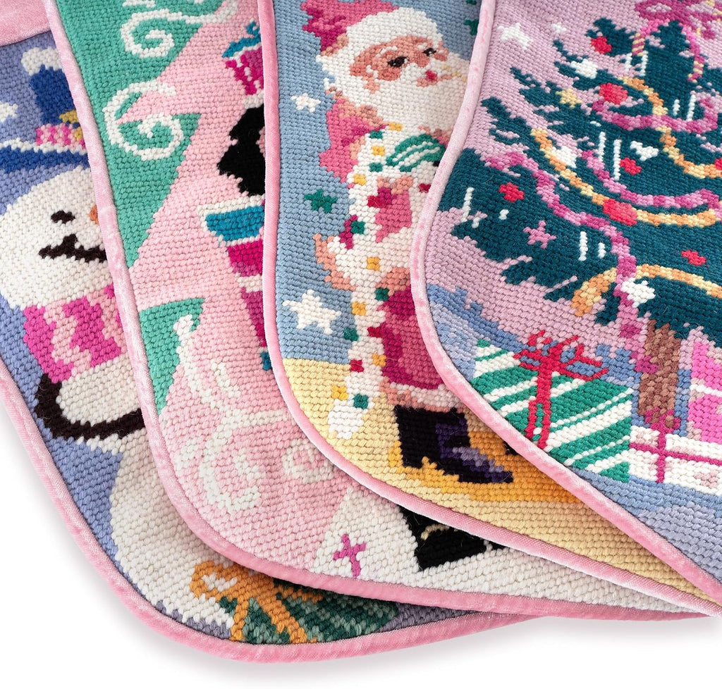 MT WORLD Needlepoint Christmas Stockings Personalized Snowman Santa Nutcracker Christmas Tree Embroidered Family Stockings for Holiday Applique Pink Velvet Stocking with Name for Family Decoration