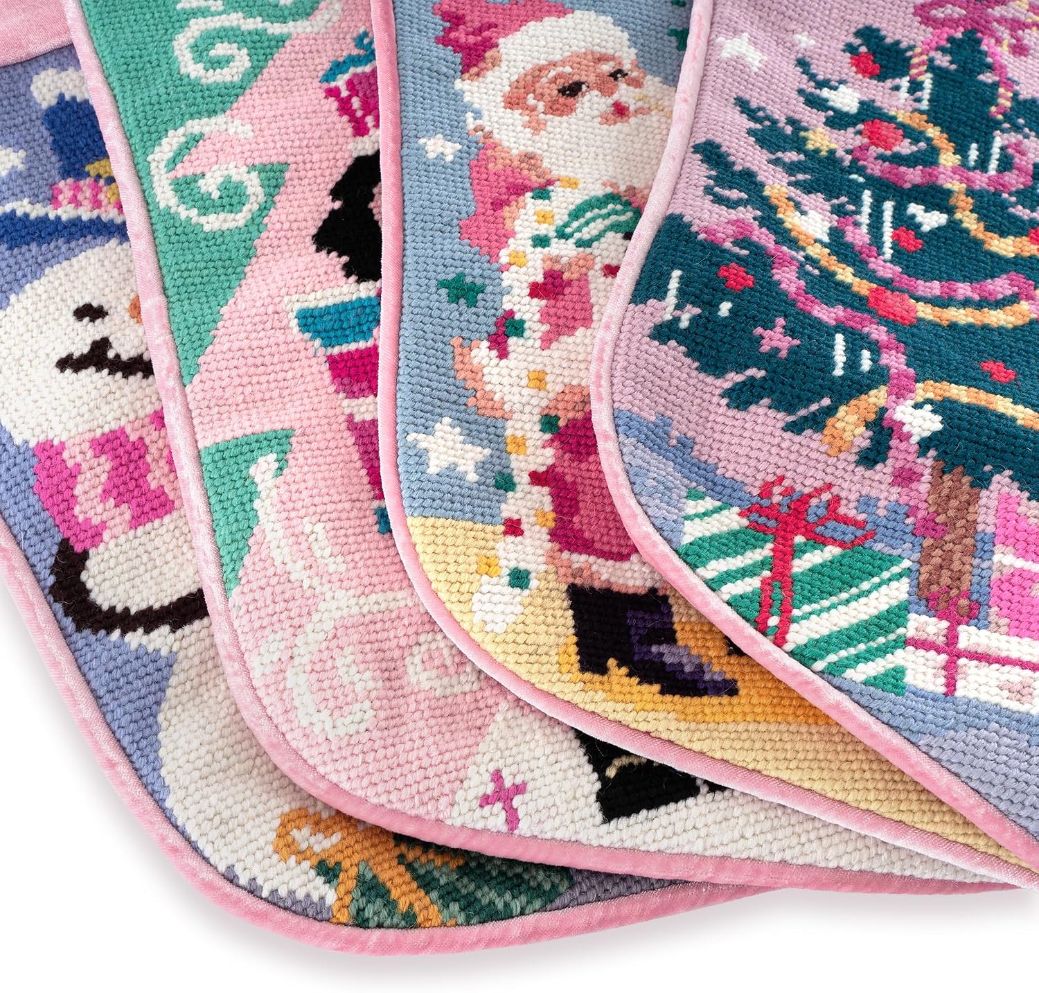 MT WORLD Needlepoint Christmas Stockings Personalized Snowman Santa Nutcracker Christmas Tree Embroidered Family Stockings for Holiday Applique Pink Velvet Stocking with Name for Family Decoration