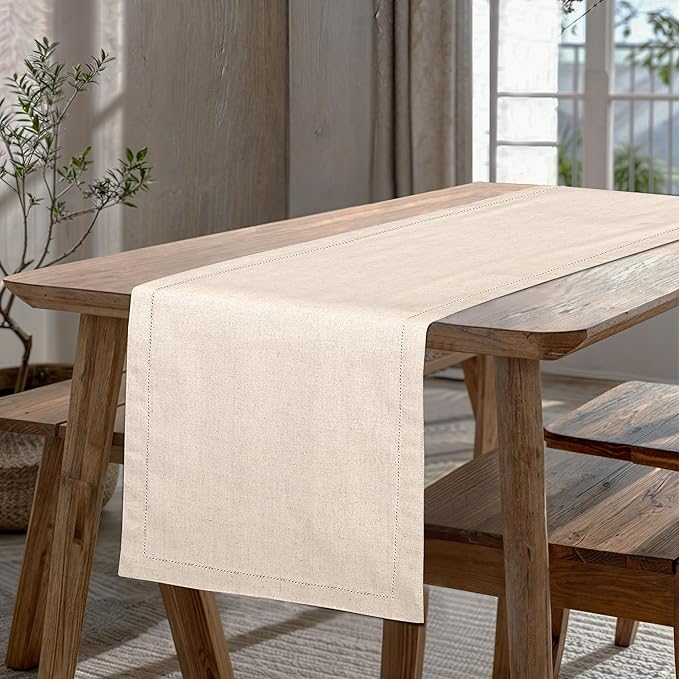 Ruvanti Linen Table Runner 72 Inches, Classic Hemstitch, Washable, Reusable, Non-Slipping, Stain Resistant- Perfect for Parties, Weddings, Dinners, Thanksgiving, Christmas, Indoor use – Natural