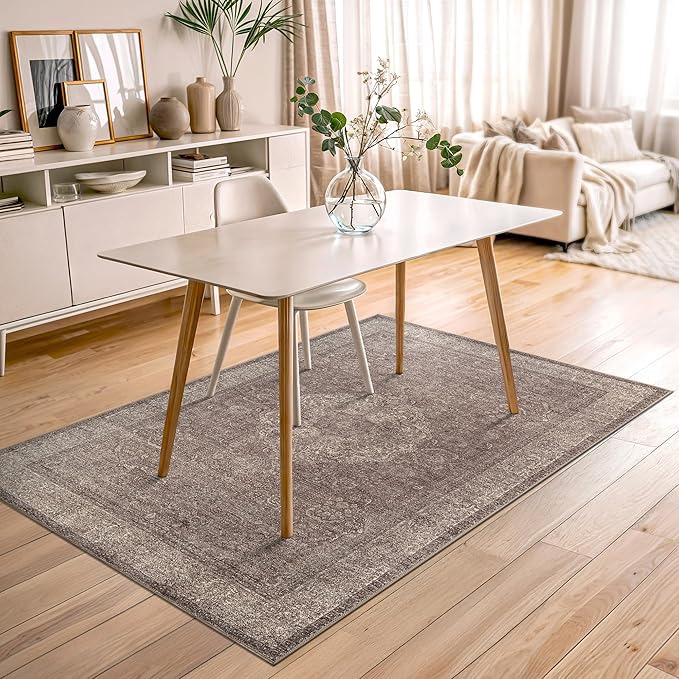 Bloom Rugs Washable Non-Slip 4' x 6' Rug - Taupe/Beige Traditional Medallion Area Rug for Living Room, Bedroom, Dining Room, and Kitchen - Exact Size: 4' x 6'