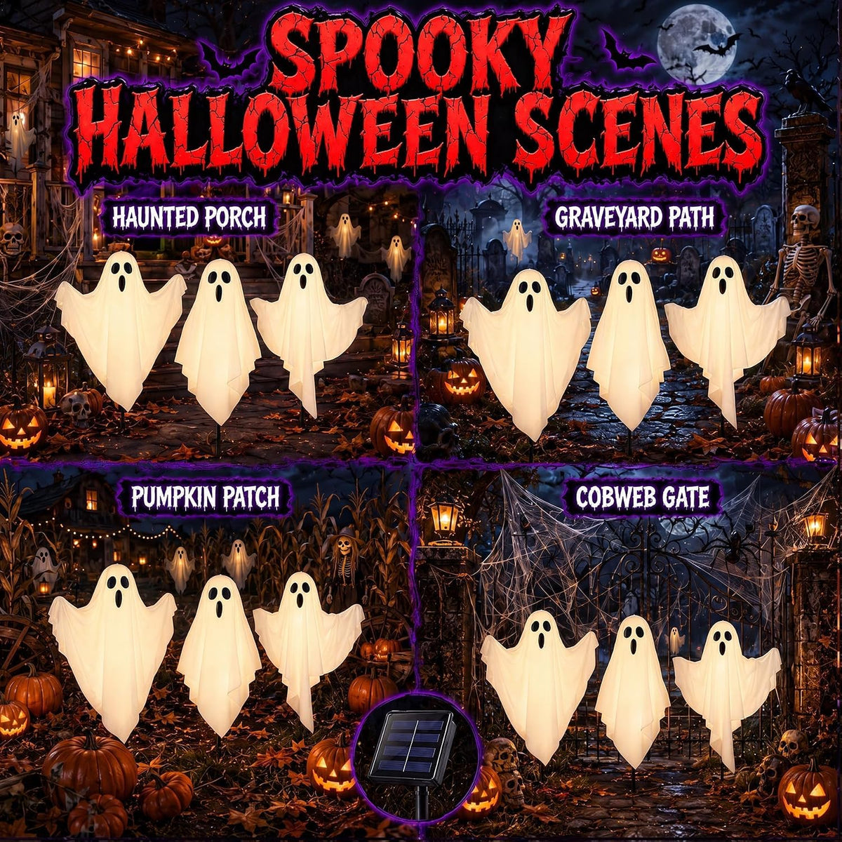 Solar Halloween Decorations Outdoor Lights, Solar Halloween Lights 3 Pack, Gl...