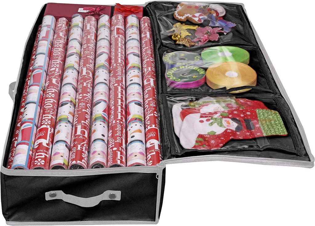 Wrapping Paper Storage Container | Gift Wrap Organizer Under Bed | 41”x14”x6” | Box Holder for 18-24 Rolls Up to 40” | 600D Oxford Material | Pockets for Ribbon, Bows, and Accessories (Black)