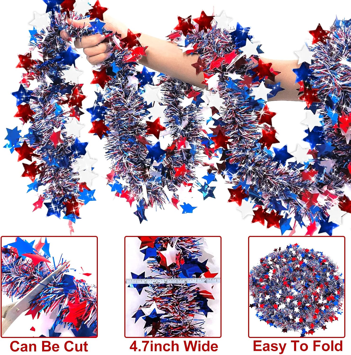 2 Pack Total 66 FT 4th of July Garland Decorations, Red White and Blue Garland Patriotic Tinsel Garlands USA 250th Anniversary Independence Day Memorial Day Decor for Car Golf Cart Parade Float Bike
