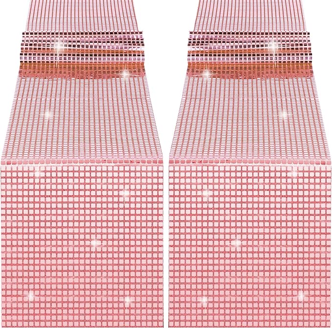 Durony 2 Pack Disco Table Runner 11 x 108 Inch Mirror Rose Gold Glitter Foil With Sparkle Sequin for Bachelorette, 70s, Cowgirl Party Decorations