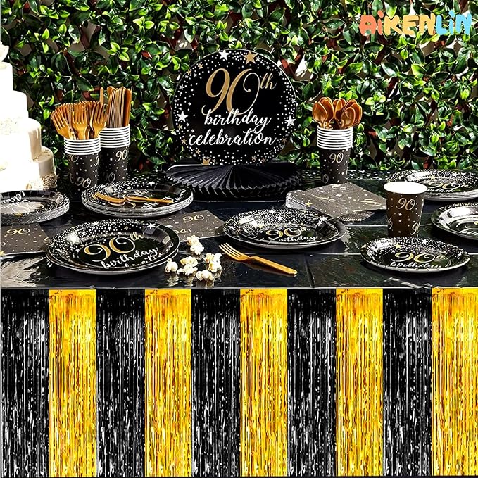 6 Pack 29x108 Inch Black Gold Metallic Foil Fringe Tinsel Table Skirts for Rectangle Tables Streamer Curtains Backdrop for Wedding, Parade Floats, Valentine's Day Birthday Graduation Party Decoration