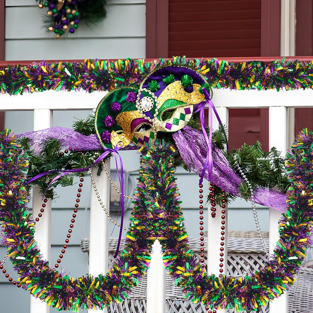 33FT Mardi Gras Tinsel Garland Purple Green Gold Metallic Twist Foil Tinsel Garland Hanging Garland for Carnival Party Indoor Outdoor Decoration