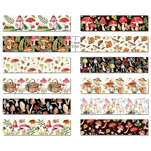 Adirasenotek 12 Rolls Mushroom Washi Tape Set,Vintage Washi Tape Decorative Paper Stickers Decorative Tape,DIY Art Crafts Wrapping Decor for Gifts Wrapping