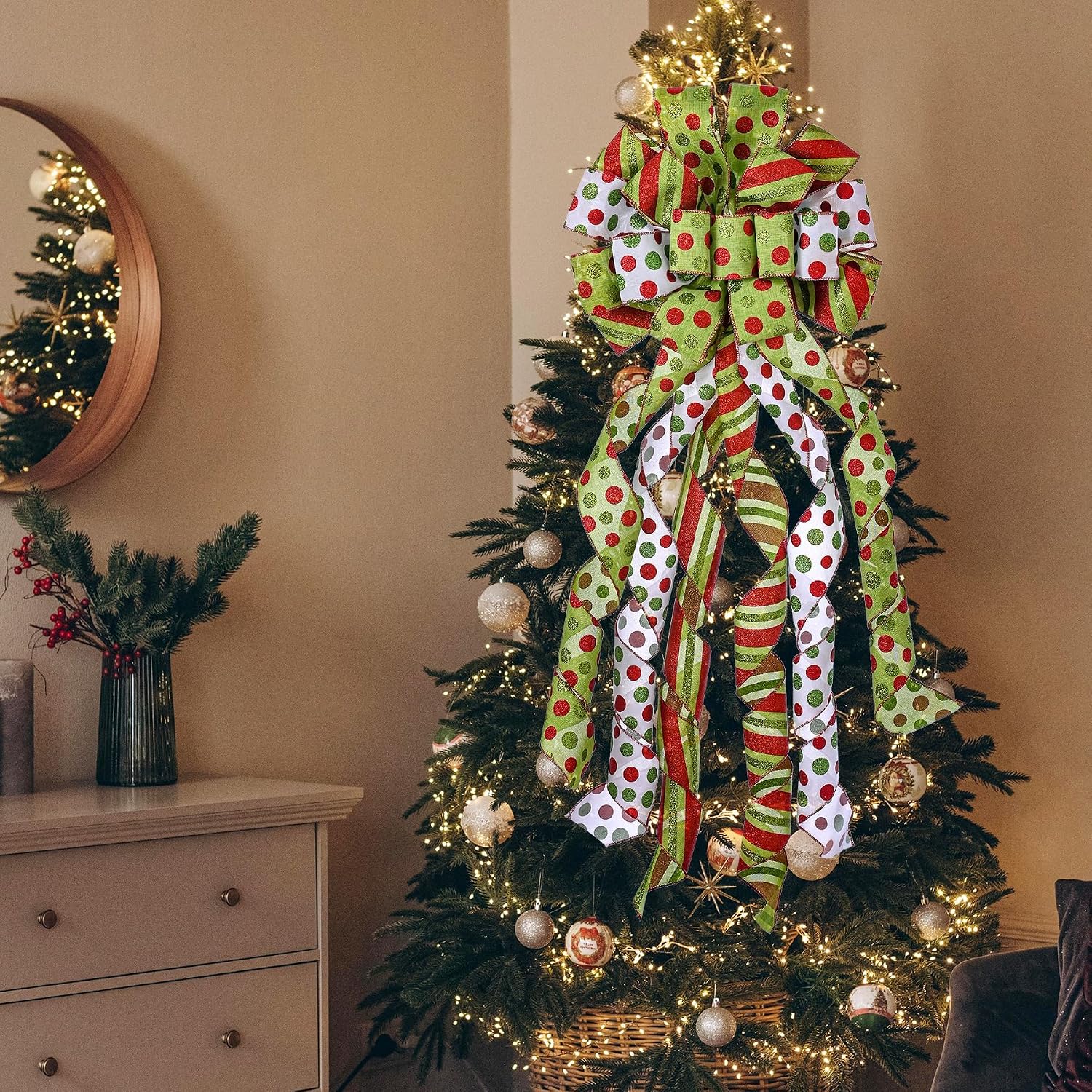 Christmas Tree Topper Wreath Bow Large Green Christmas Bow Tree Topper, Red Green Dot Polyester Gift Bows for Xmas Ornament Holiday Home Thanksgiving Indoor/Outdoor Decoration 45"x13"