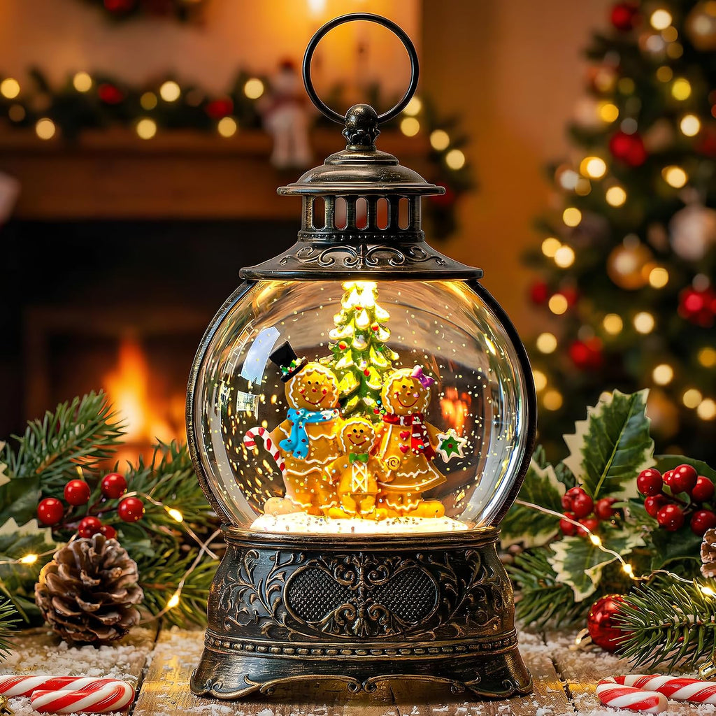 Christmas Snow Globe Water Lantern with Gingerbread Scene Battery Operated or USB Powered Musical Lighted Holiday Decoration for Tabletop Display for Family and Friends