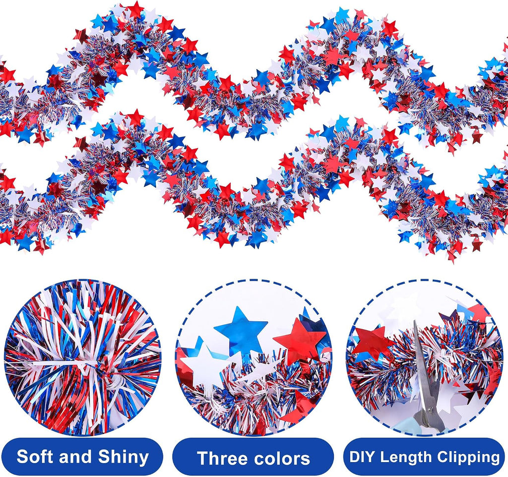 52.5Ft Patriotic Glitter Tinsel Garland Decoration, Red White Blue Star Metallic Tinsel Twist Garland, 4th of July Decor Parade Golf Cart Shiny Tinsels for Car Bike Independence Day Memorial Day Decor
