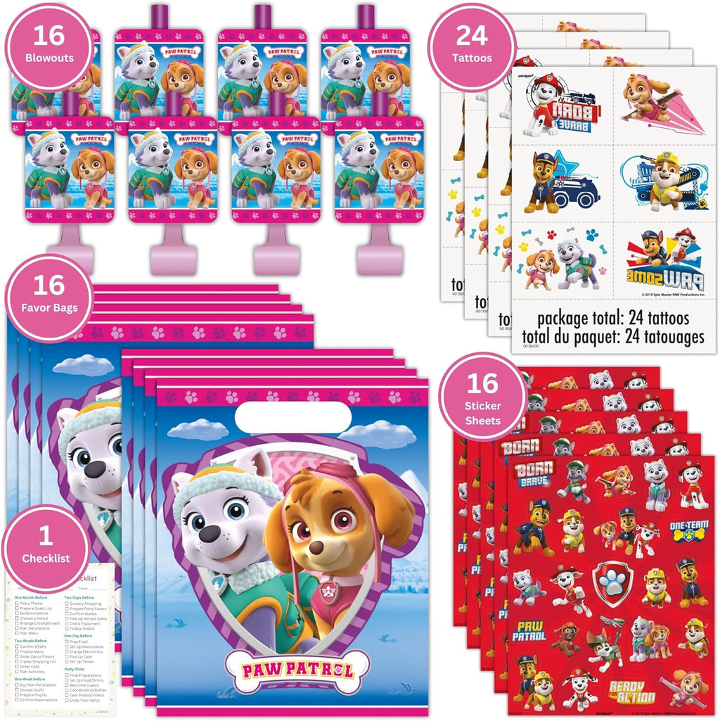 Unique Skye Paw Patrol Party Favors for 16 - Skye Paw Patrol Birthday Decorations - Bundle with Goodie Bags, Blowouts, Tattoos, Stickers, Checklist - Pink Party Favors