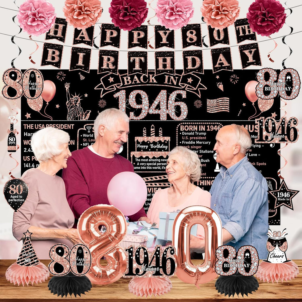 Zirtorei 80th Birthday Decorations for Women, 21pcs the Year 1946 Banner Balloon Party Supplies, Rose Gold 80 Year Old Birthday Backdrop, 80 Bday Honeycomb Centerpiece Hanging Swirls Sash Gifts