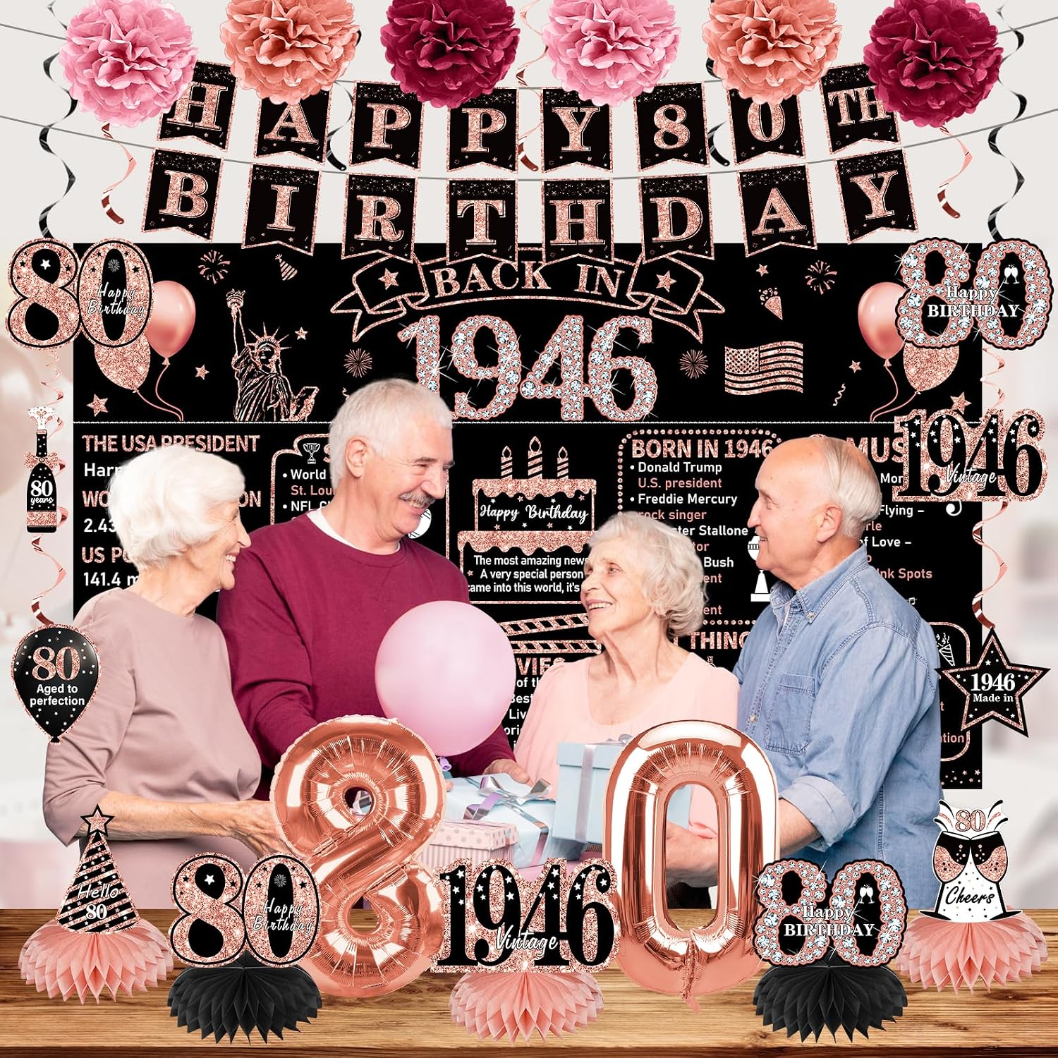 Zirtorei 80th Birthday Decorations for Women, 21pcs the Year 1946 Banner Balloon Party Supplies, Rose Gold 80 Year Old Birthday Backdrop, 80 Bday Honeycomb Centerpiece Hanging Swirls Sash Gifts