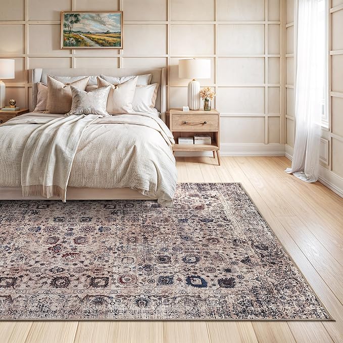 Bloom Rugs Washable Non-Slip 8' x 10' Rug - Light Tan/Blue Traditional Oriental Area Rug for Living Room, Bedroom, Dining Room, and Kitchen - Exact Size: 8' x 10'
