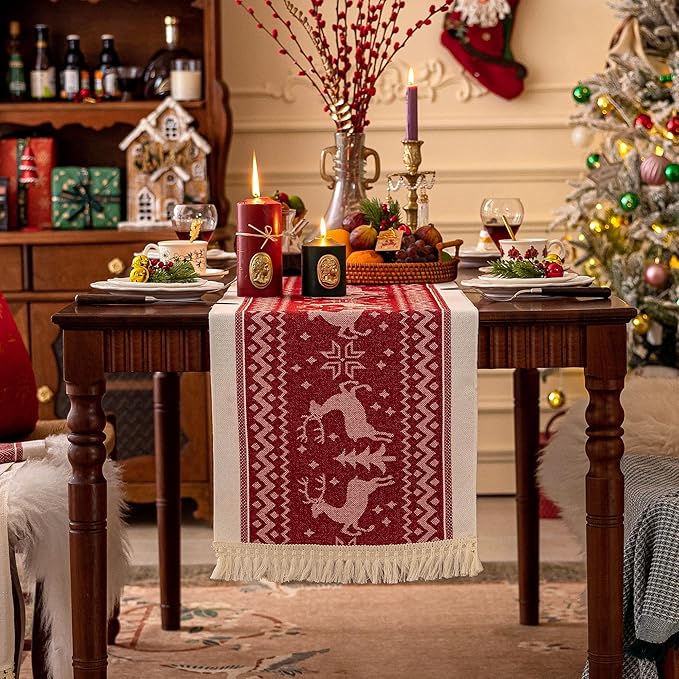 Table Runners 138 Inches,Elk Table Runner with Tassel Fringe,Christmas Table Runner for Party，Coffee Table, Festival