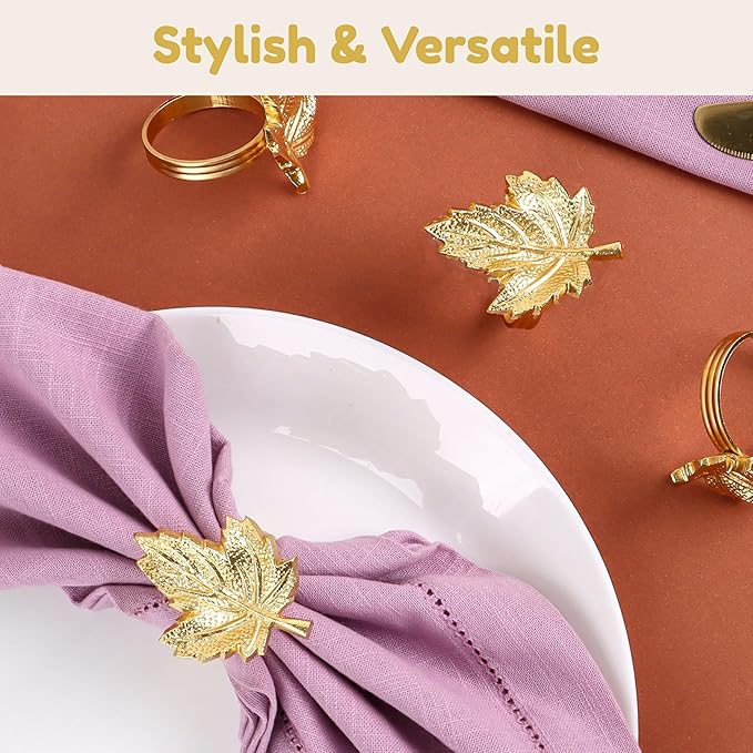 Set of 12 Maple Leaf Napkin Rings - Handcrafted Aluminum Napkin Holders for Cloth & Paper Napkins, Elegant Table Décor for Weddings, Thanksgiving, Christmas & Holiday Parties (Gold) - CLEENTABLE