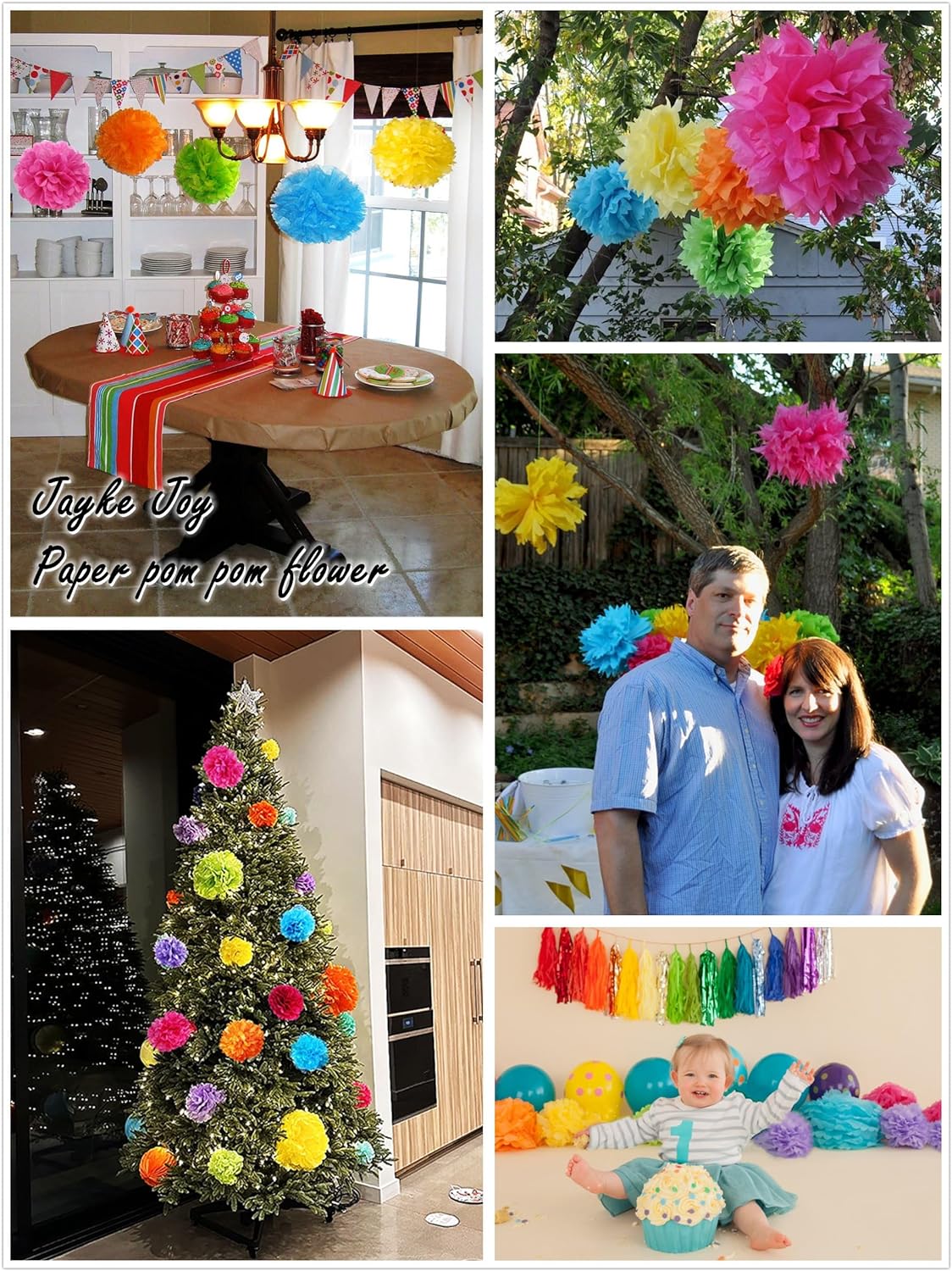 12pcs Colorful Paper Pom Poms Set for Party Decor (Mixed Size 8/10/12 Inch)