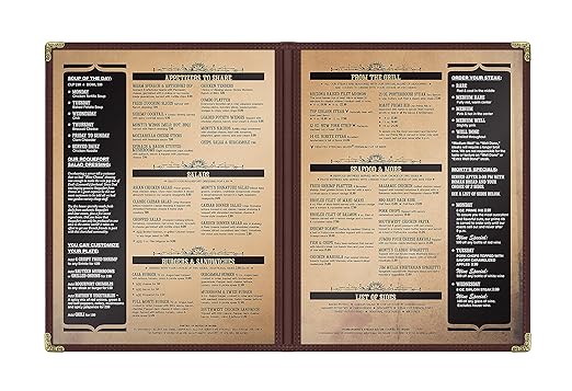 Goodsmart Restaurant Menu Covers - 25 Pack Brown 8.5" x 11", 2-Page/4-View, Side-Loading Vinyl Menu Holders, Clear Sleeves, Double-Stitched Edge, Leather-Style Café Menu Covers with Gold Corners