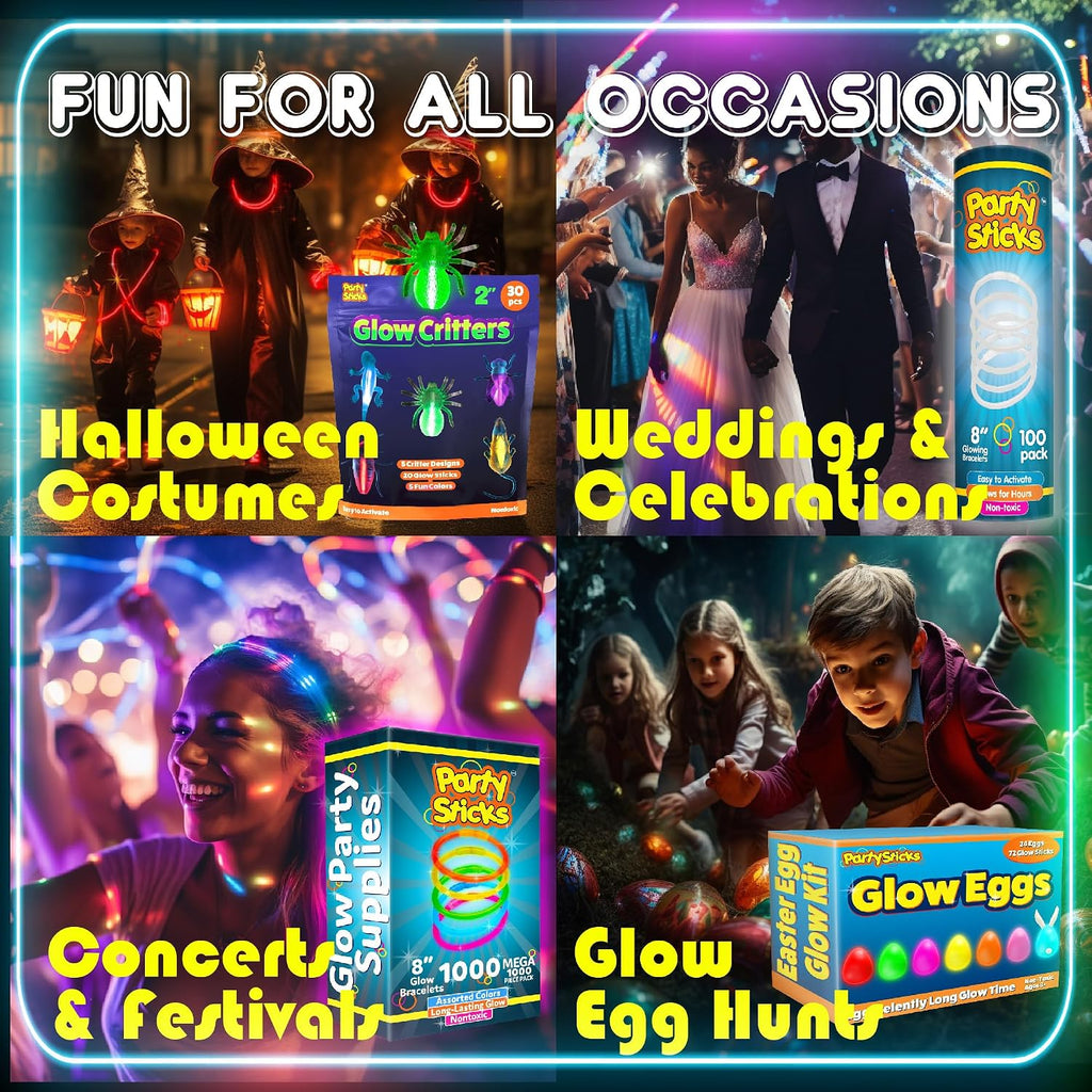 PartySticks Ultra Bright Bulk Party Supplies - Glow in The Dark Glow Sticks with Eye Glasses, Bracelets, and Connectors - Light Up Halloween 4th of July Party Favors