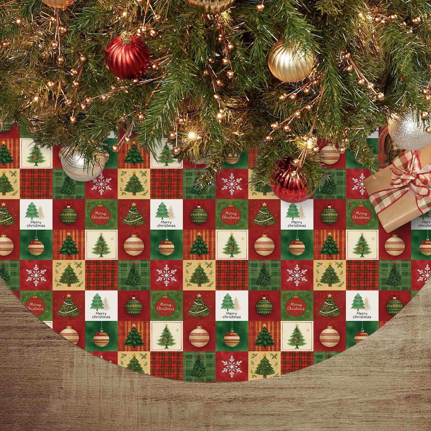 Christmas Tree Skirt 48 Inch, Red Christmas Tree Skirt Snowflake Ball Funny Xmas Decor Seasonal Winter Holiday Indoor Home Party Decorations