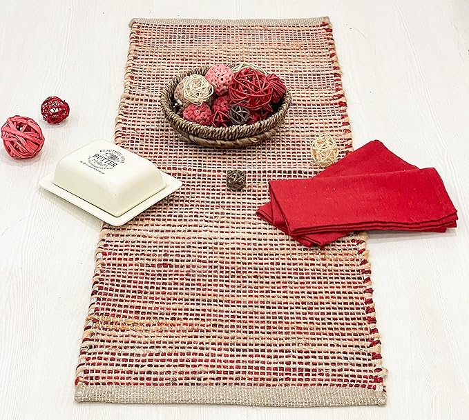 Chardin home Natural Jute Table Runner 13x48 Inch – Vintage Boho Rustic Table Decor – Handwoven Table Runner in Natural Jute and Red – Farmhouse Dining or Console Table Accent