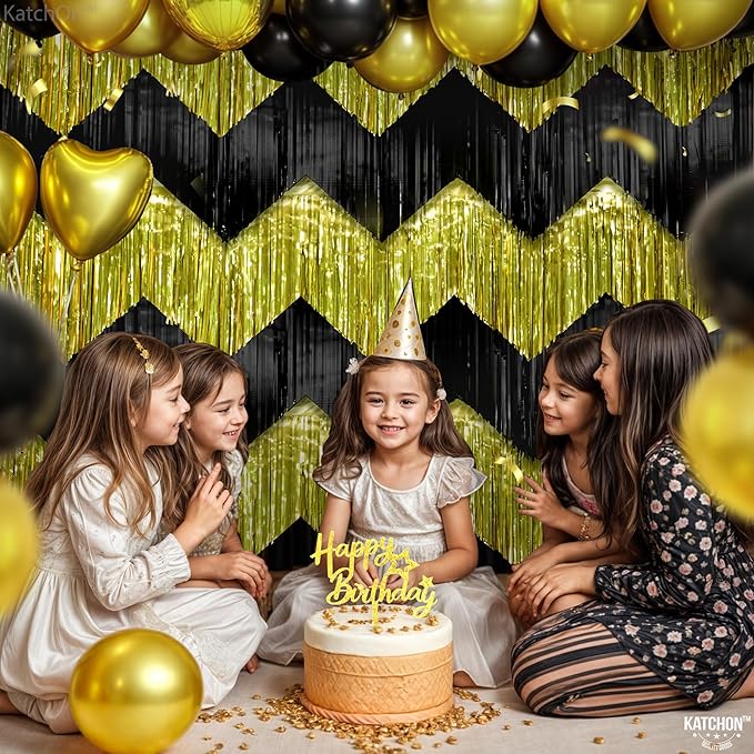 KatchOn, Black and Gold Fringe Backdrop Curtain - XtraLarge 6.6x1.7 Feet, Pack of 6 | Graduation Backdrop for Graduation Decorations 2025 | Fringe Curtain for Birthday Decorations | Prom Decorations