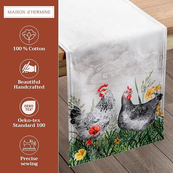 Maison d' Hermine Table Runner 100% Cotton Double Layer Table Runners 108 inches Long Decorative for Home Kitchen Dining Party Wedding Bridal Shower Spring Summer (Basse Cour, 14.50" x 108")