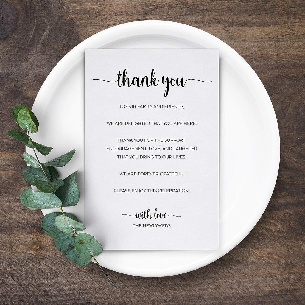 321Done Thank You Place Setting Card for Newlyweds, 4"x6" 50-Pack | Made in USA Thank You for Celebrating with Us, Minimalist Script White Table Placecards for Wedding
