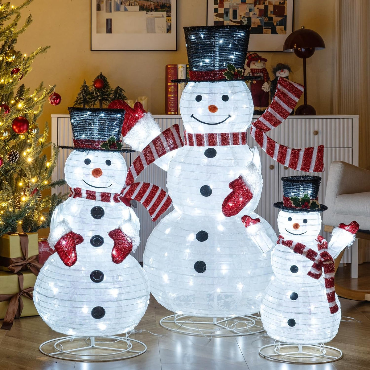 tangkula 3-piece christmas lighted 3d snowman family, 4.1, close-up detail