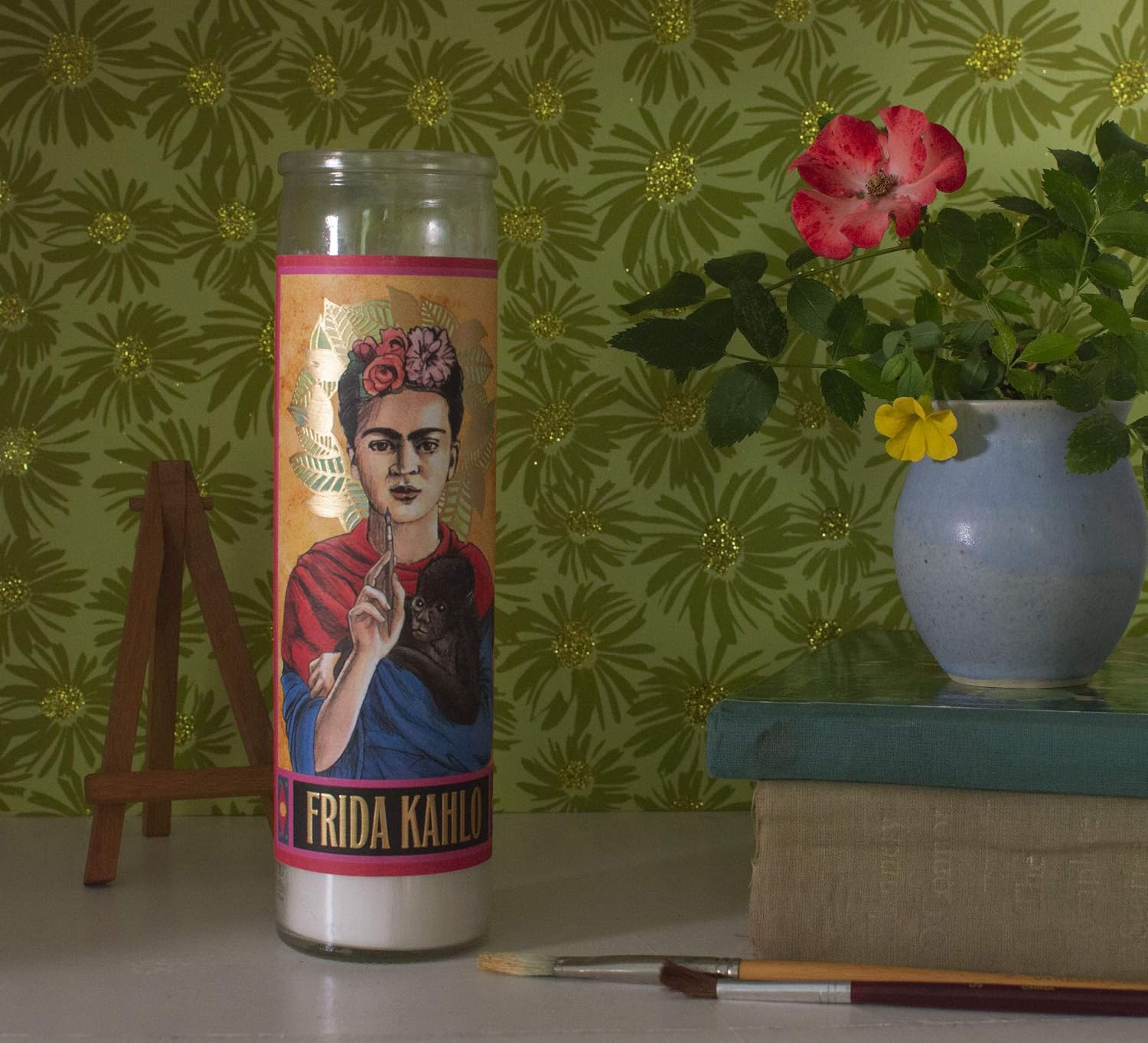 The Unemployed Philosophers Guild Frida Kahlo Secular Saint Candle - Unscented 8 Inch Tall Glass Prayer Votive, Made in the USA