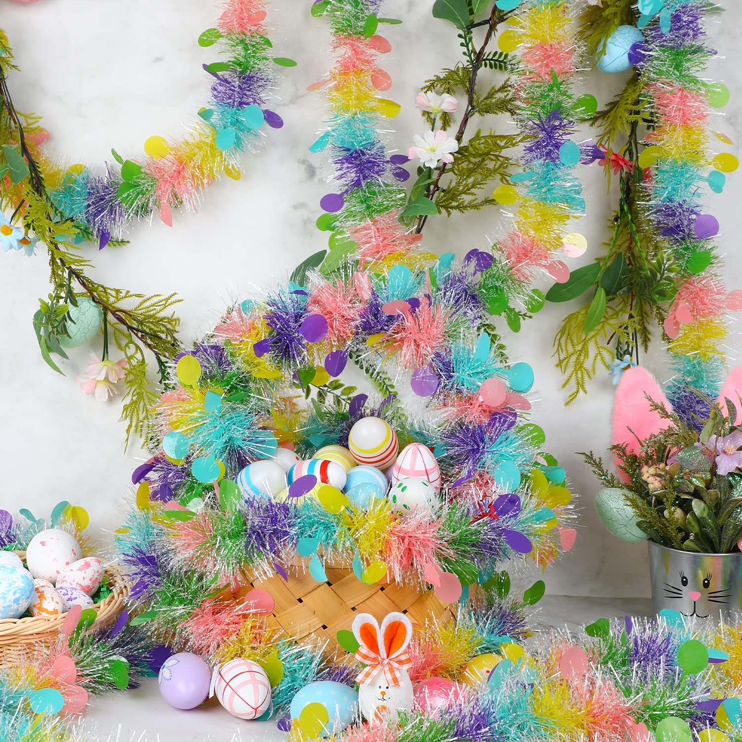 CCINEE 33FT Easter Tinsel Garland, Colorful Tinsel Twist with Confetti Spring Hanging Tinsel Ornament Decoration for Holiday Door Tree Mantel Window Outdoor Party Supplies