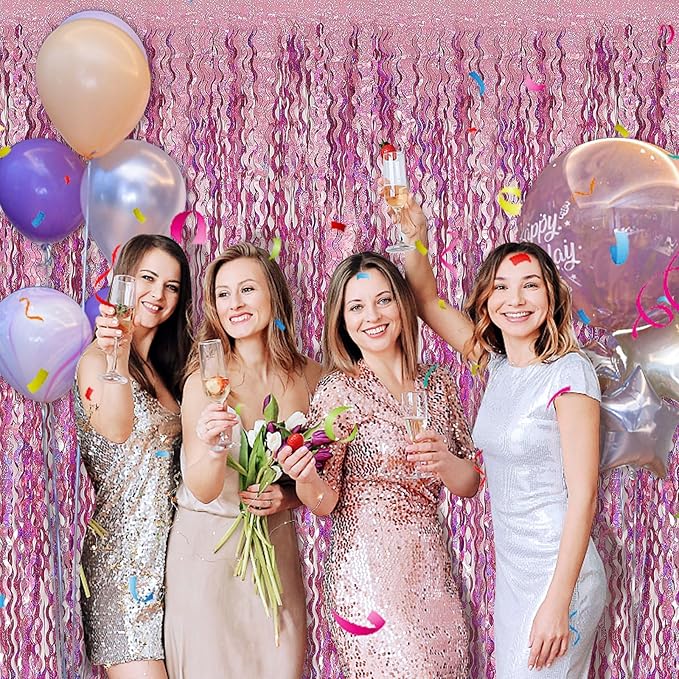 Pink Tinsel Foil Fringe Curtains Wavy Backdrop for Parties Sparkle Metallic Wavy Foil Fringe Backdrop Curtain for Party Decorations Photo Booth Props for Birthday Graduation Wedding