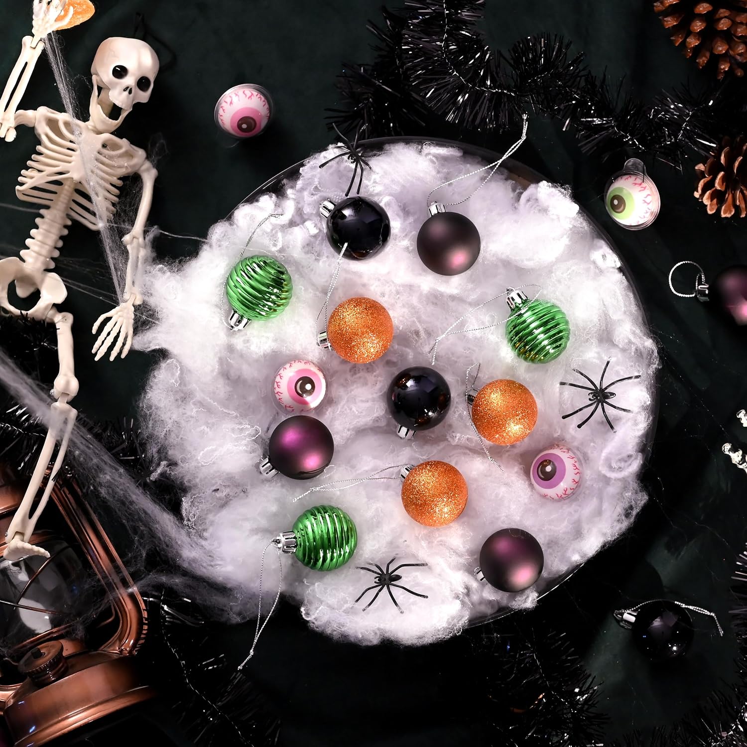 Valery Madelyn 24ct Halloween Ornaments Tree Decorations Indoor 1.6 Inch | Orange Purple Green Black Shatterproof Christmas Ball Ornaments Vintage Hanging Xmas Holiday Party Decor