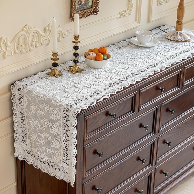 White Elegant Vintage Lace Table Runner,Wedding Lace Decor with Floral Embroidery,Tea Party Decor (White, 13.8X86 Inches)
