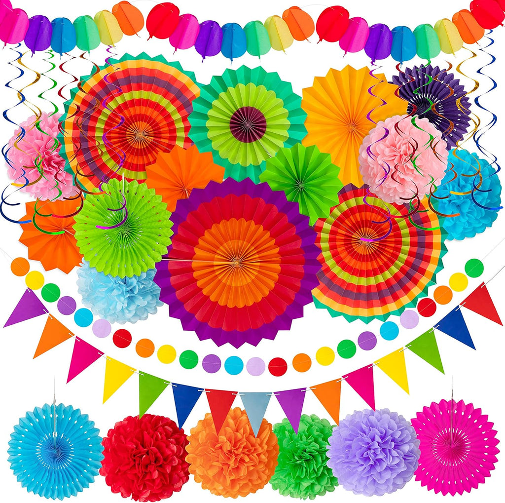35PCS Fiesta Paper Fan Party Decorations Set | Cinco De Mayo Pom Poms, Pre-assembled Pennant, Garland String & Banner, Hanging Swirls, Hispanic Heritage Month Decor