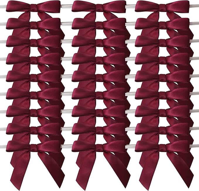 50pcs 2-1/2" Burgundy Satin Ribbon Bows with Twist Tie Bows for Christmas Gift Packing&Wrapping (Burgundy)