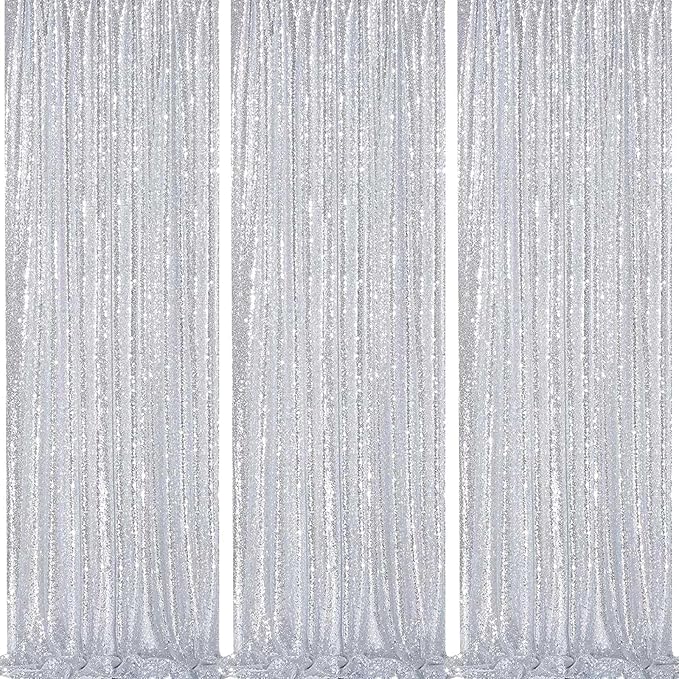 Silver Sequin Backdrop Party Decorations - 3 Packs 2ft x 8ft Silver Photography Background Curtain for Christmas Birthday