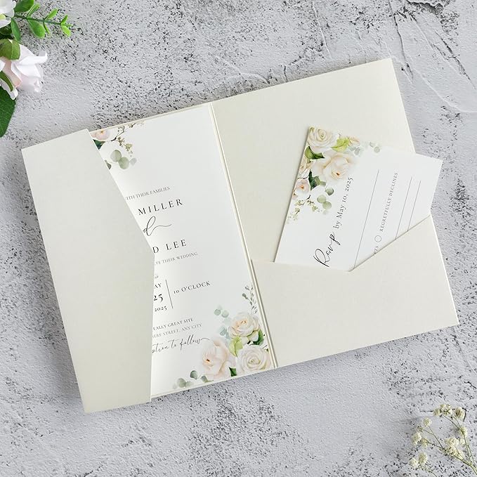 20 PCS Ivory Tri-fold Laser Cut Wedding Invitation Pockets for 5x7 Wedding Cards Bridal Shower Engagement Quinceanera Invitation