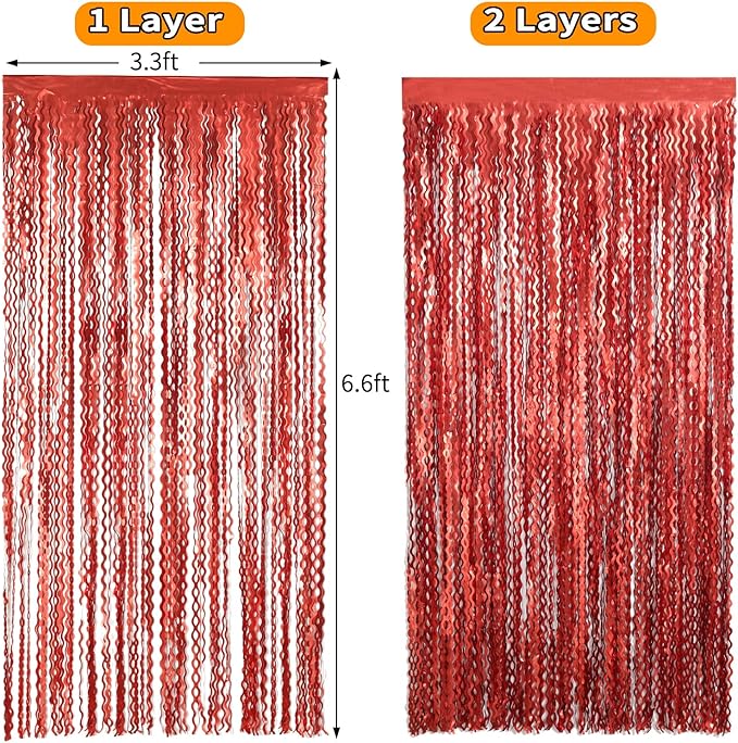 4 Pack Red Streamers Party Decorations - 3.3x6.6ft Foil Curtain Background for Birthday Decorations | Wedding | Halloween | Christmas Party Decoration | Red Tinsel Backdrop