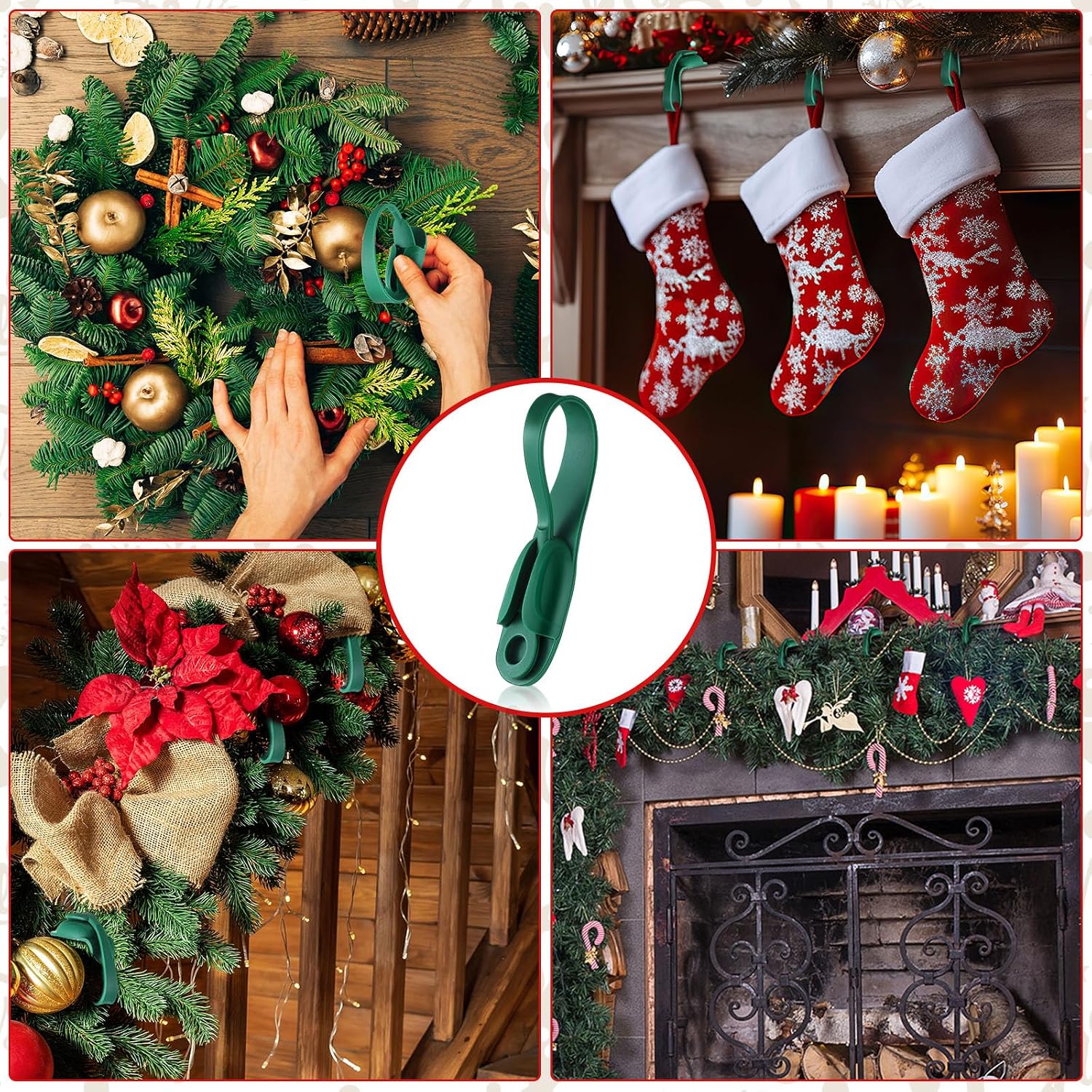 Relaxweex 12 Pcs Garland Hanger for Mantle No Drill Garland Hangers Hooks Wreath Ties Fireplace Stocking Holder Stretchable Silicone Adhesive Straps for Door Frame Stairways (Green)