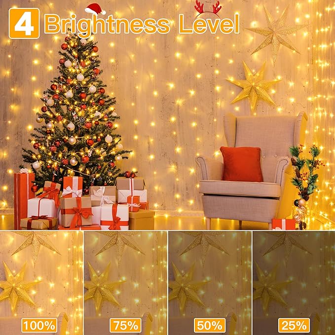 Ollny Curtain Lights 6.6x6.6ft, 200 LED String Lights with Remote 8 Modes Dimmable Timer, USB Power Fairy Light for Bedroom Backdrop Indoor Wall Window Wedding Decor, Warm White