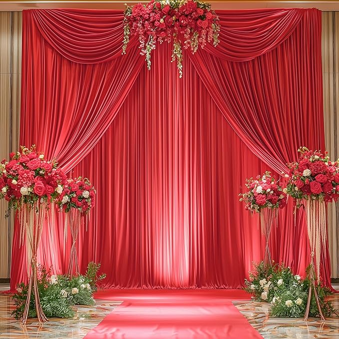 30ftx12ft Wrinkle Free Red Backdrop Curtain, 6 Panels 12FT Height Red Wedding Backdrop Drapes, Silky Polyester Back Drop Cloth for Birthday Photography Background Party Backdrop Draping