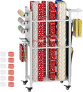 Wrapping Paper Storage Organizer with Wheels, Gift Wrap Storage Station with Ribbon and Gift Bag Storage, Rolling Craft Storage Cart with 12PCS Slap Bands, Christmas Decor, White