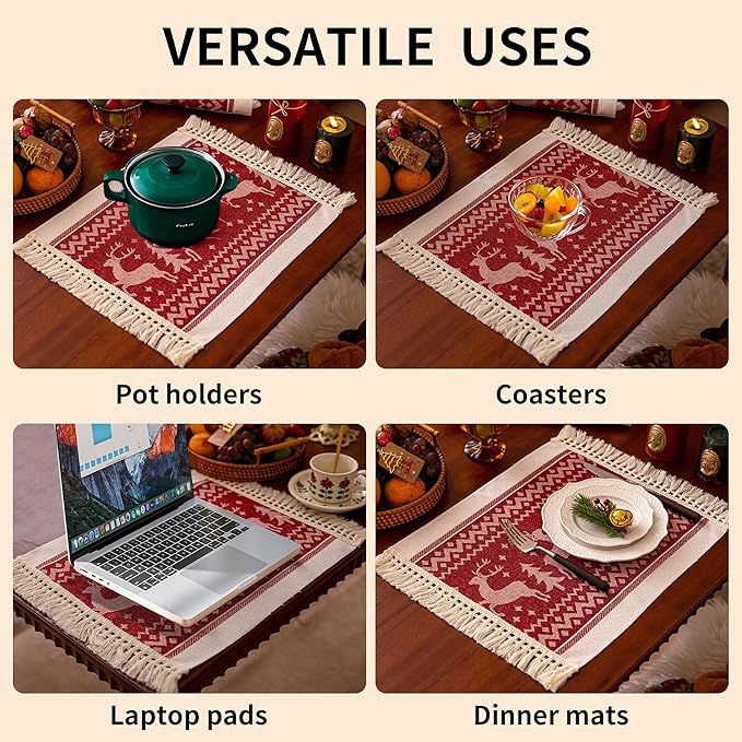 Placemats Set of 4,Elk Placemat with Tassel Fringe,Christmas Placemats for Coffee Table Western Restaurant